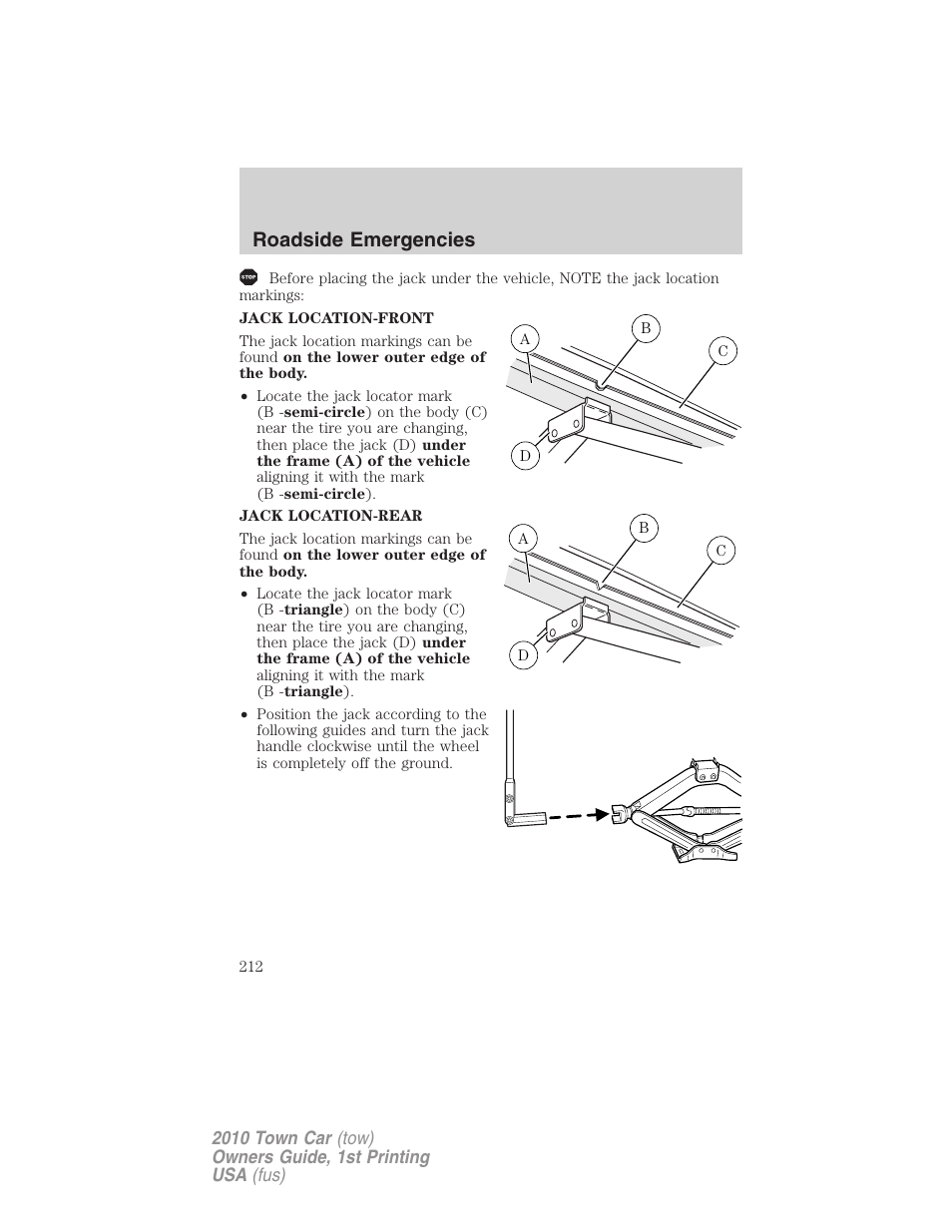 Roadside emergencies | Lincoln 2010 Town Car User Manual | Page 212 / 285