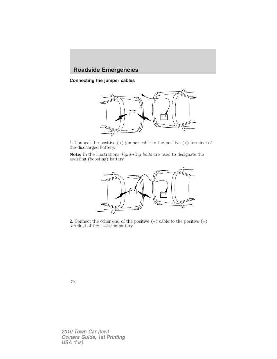 Connecting the jumper cables, Roadside emergencies | Lincoln 2010 Town Car User Manual | Page 216 / 285