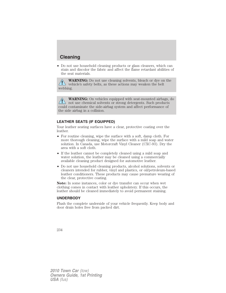 Leather seats (if equipped), Underbody, Cleaning | Lincoln 2010 Town Car User Manual | Page 234 / 285