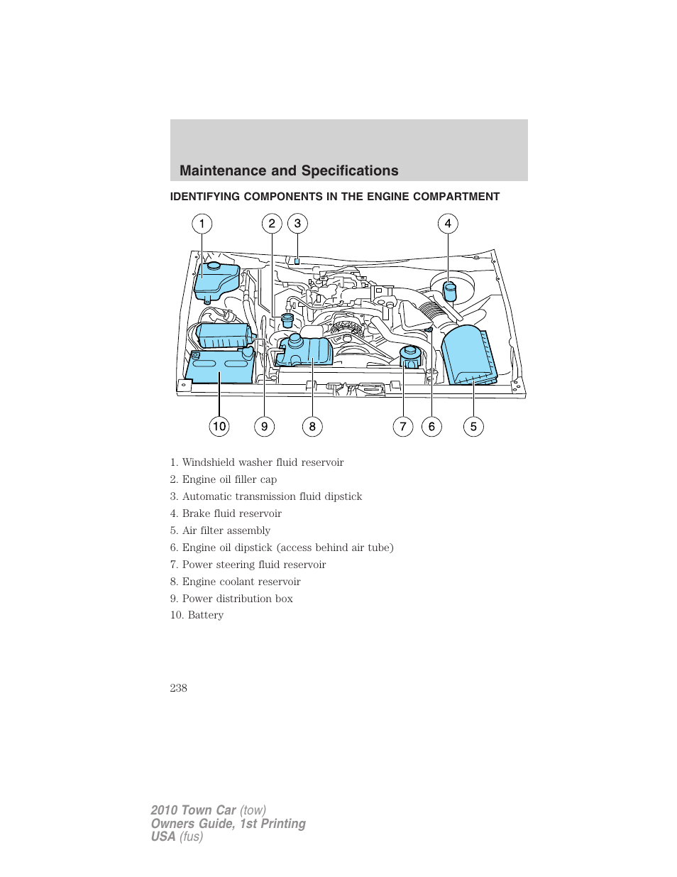 Identifying components in the engine compartment, Engine compartment, Maintenance and specifications | Lincoln 2010 Town Car User Manual | Page 238 / 285