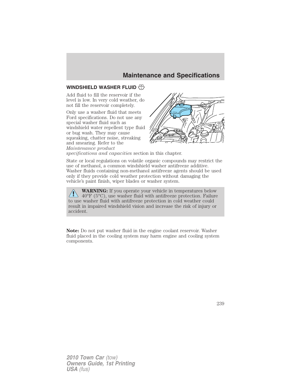 Windshield washer fluid, Maintenance and specifications | Lincoln 2010 Town Car User Manual | Page 239 / 285