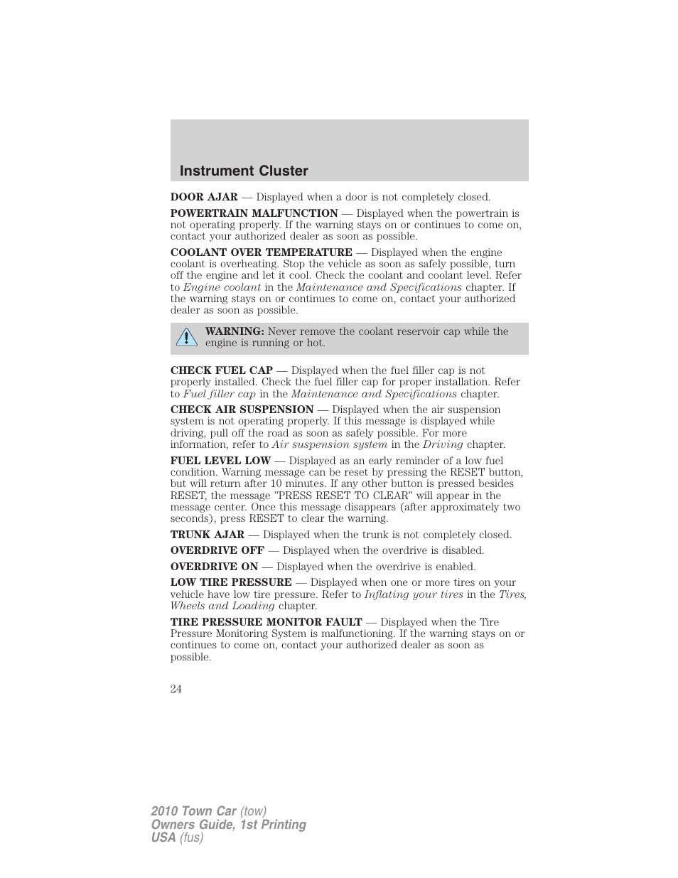 Instrument cluster | Lincoln 2010 Town Car User Manual | Page 24 / 285