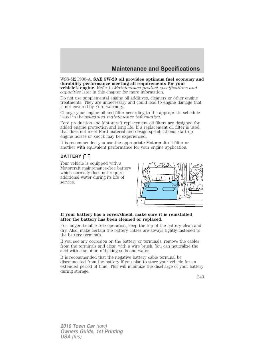 Battery, Maintenance and specifications | Lincoln 2010 Town Car User Manual | Page 243 / 285