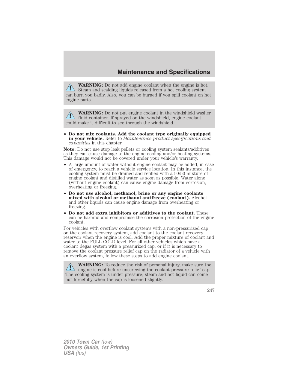 Maintenance and specifications | Lincoln 2010 Town Car User Manual | Page 247 / 285