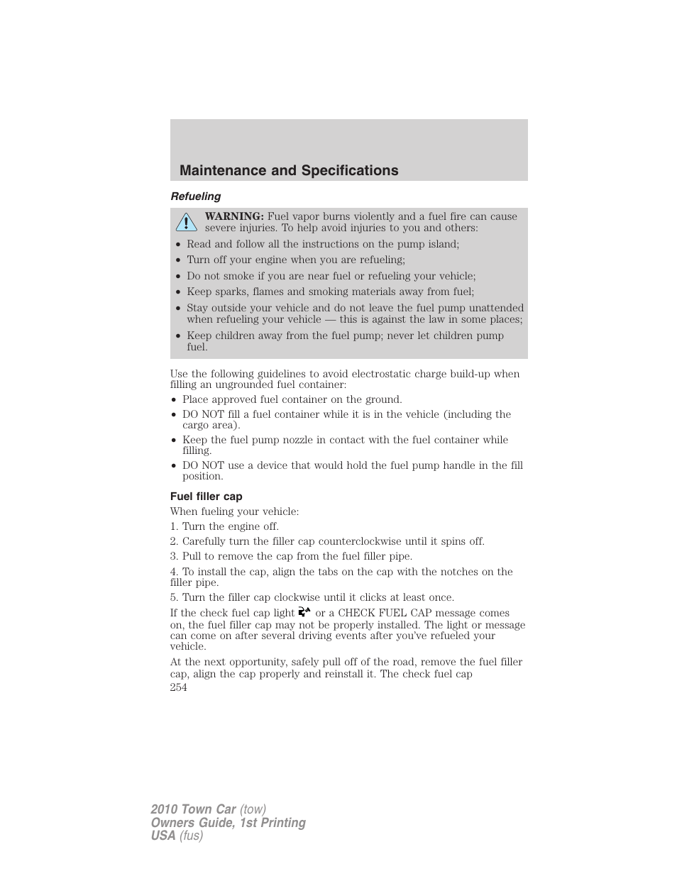 Refueling, Fuel filler cap, Maintenance and specifications | Lincoln 2010 Town Car User Manual | Page 254 / 285