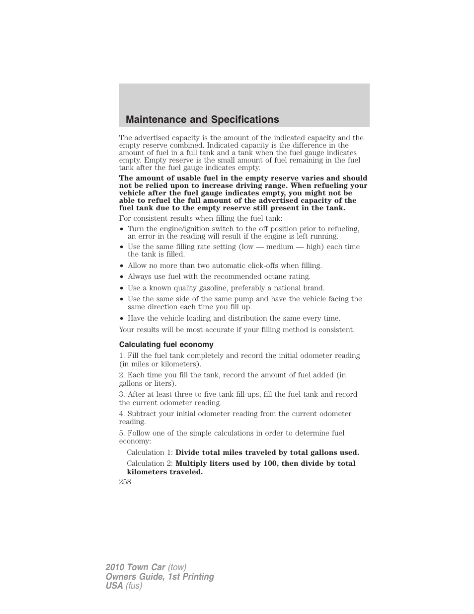 Calculating fuel economy, Maintenance and specifications | Lincoln 2010 Town Car User Manual | Page 258 / 285