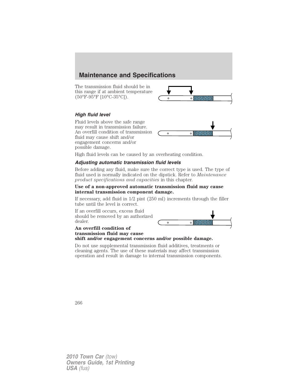 High fluid level, Adjusting automatic transmission fluid levels, Maintenance and specifications | Lincoln 2010 Town Car User Manual | Page 266 / 285