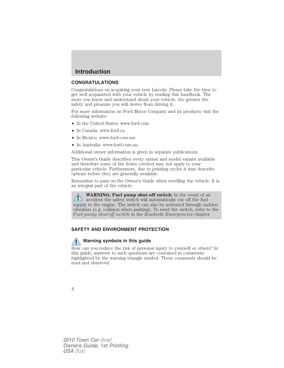 Introduction, Congratulations, Safety and environment protection | Warning symbols in this guide | Lincoln 2010 Town Car User Manual | Page 4 / 285