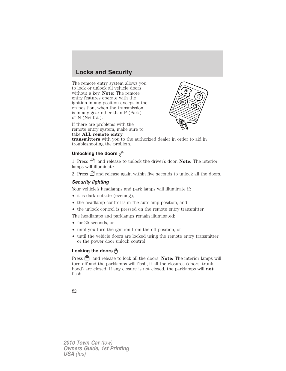 Unlocking the doors, Security lighting, Locking the doors | Locks and security | Lincoln 2010 Town Car User Manual | Page 82 / 285