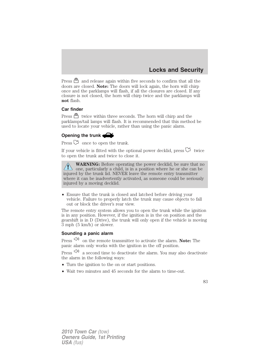 Car finder, Opening the trunk, Sounding a panic alarm | Locks and security | Lincoln 2010 Town Car User Manual | Page 83 / 285