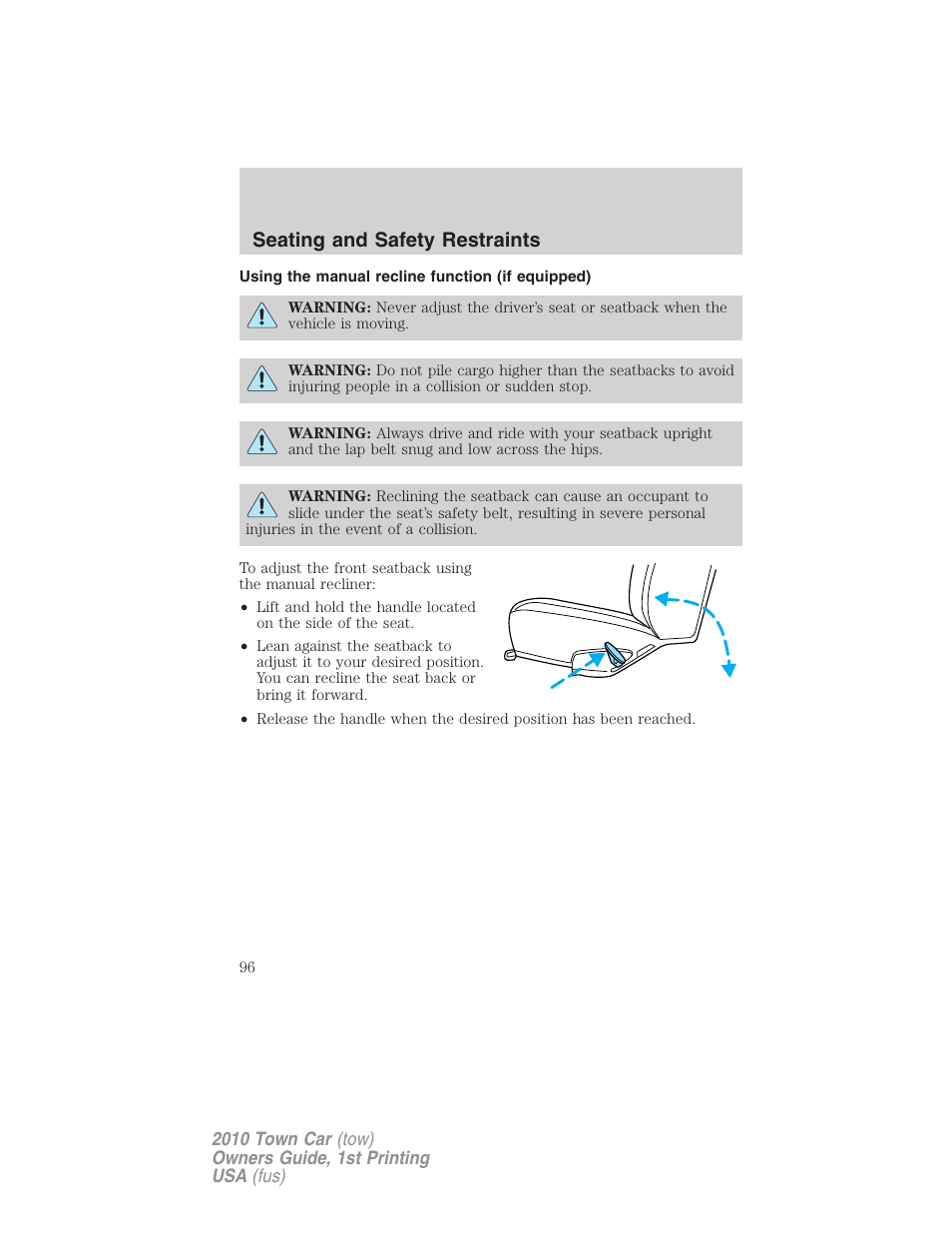 Using the manual recline function (if equipped), Seating and safety restraints | Lincoln 2010 Town Car User Manual | Page 96 / 285