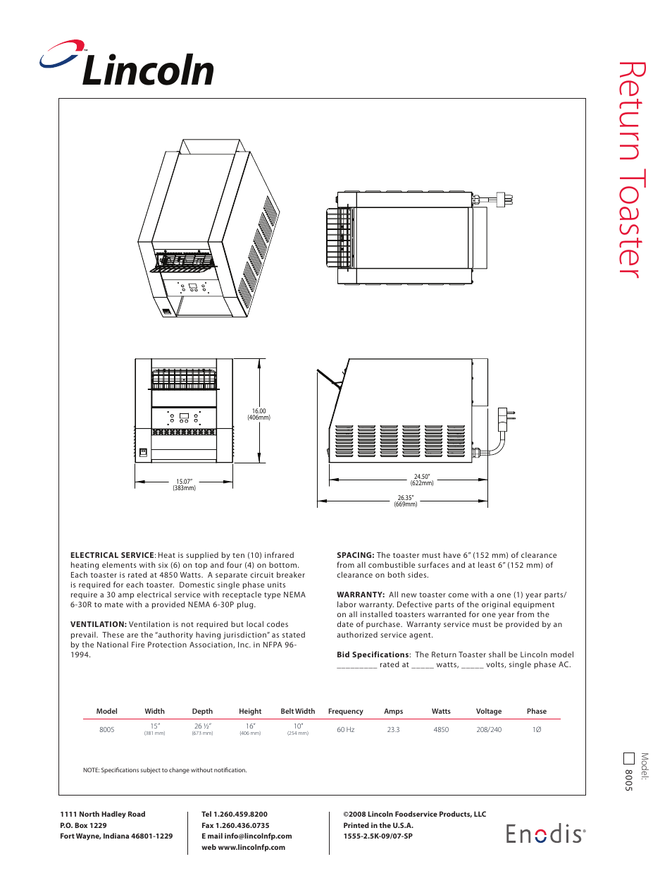 Lincoln, Retur n toast er | Lincoln 8005 User Manual | Page 2 / 2