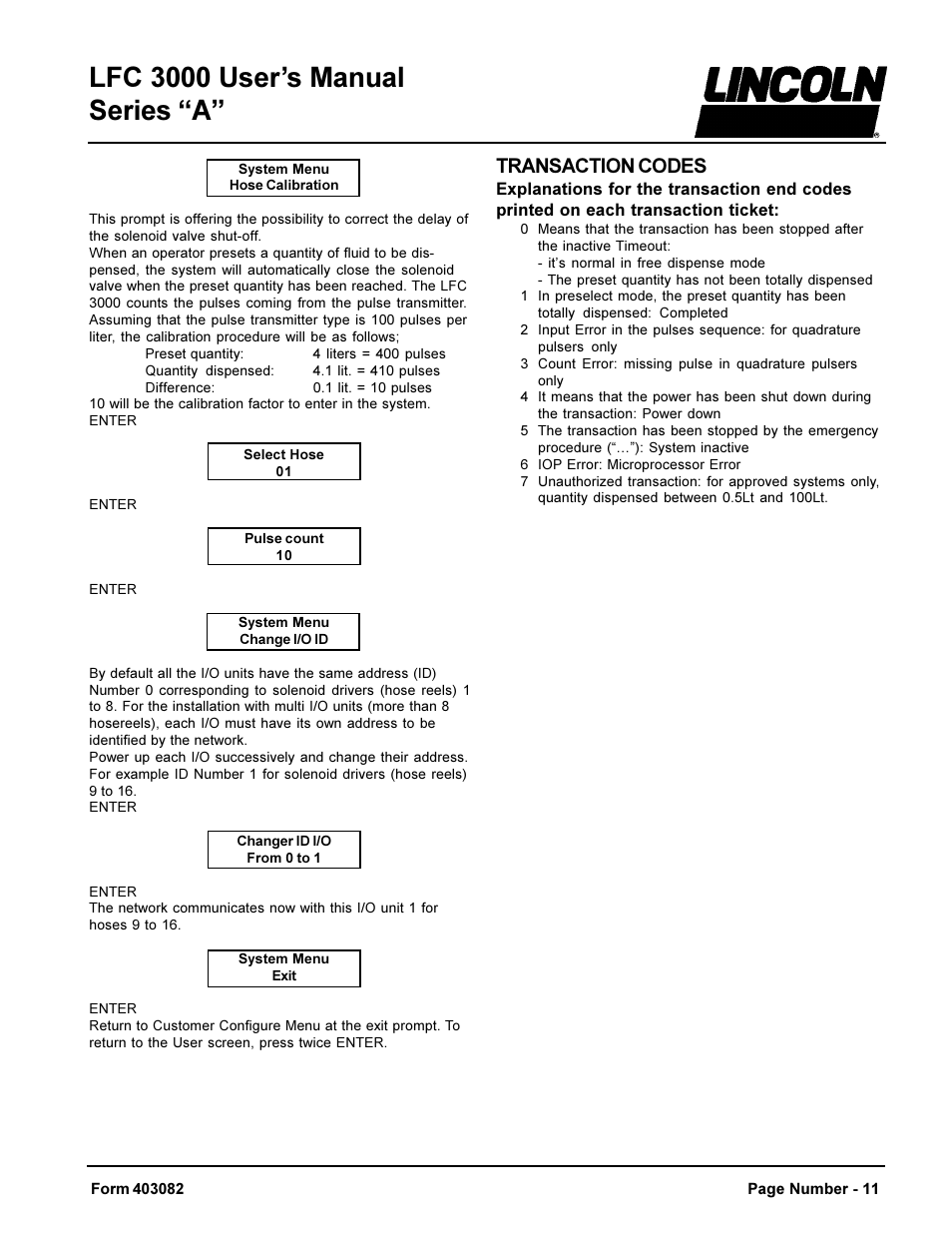 Lfc 3000 users manual series a, Transaction codes | Lincoln LFC 3000 User Manual | Page 11 / 12