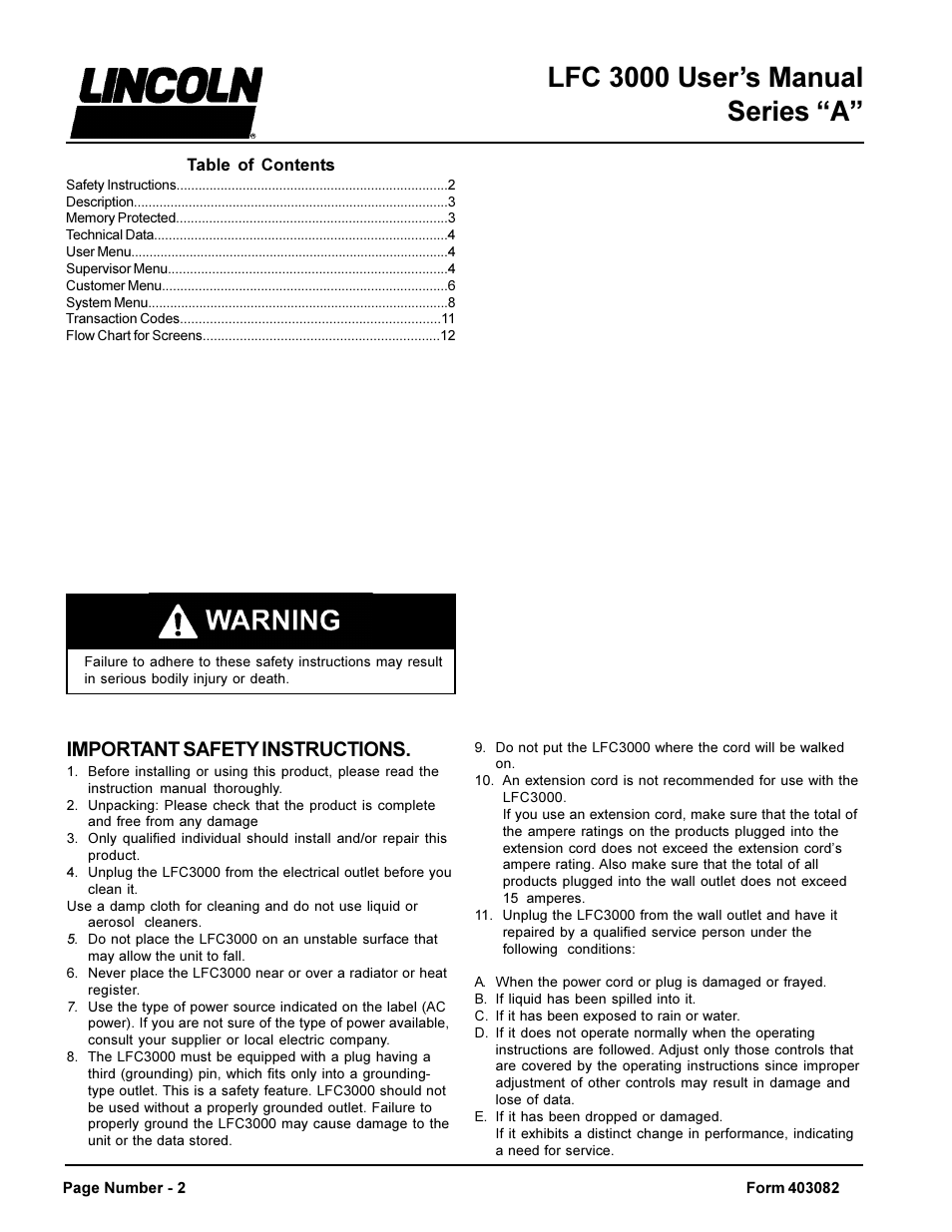 Lfc 3000 users manual series a, Important safety instructions | Lincoln LFC 3000 User Manual | Page 2 / 12