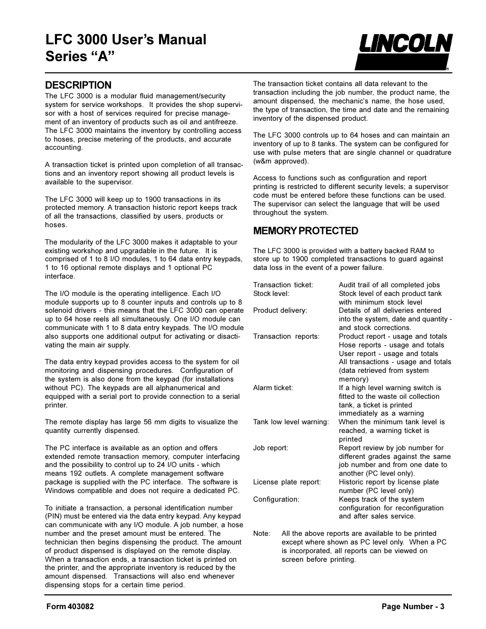 Lfc 3000 users manual series a, Description | Lincoln LFC 3000 User Manual | Page 3 / 12