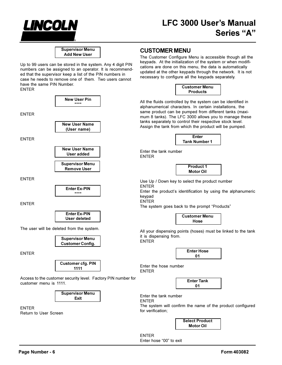 Lfc 3000 users manual series a, Customer menu | Lincoln LFC 3000 User Manual | Page 6 / 12