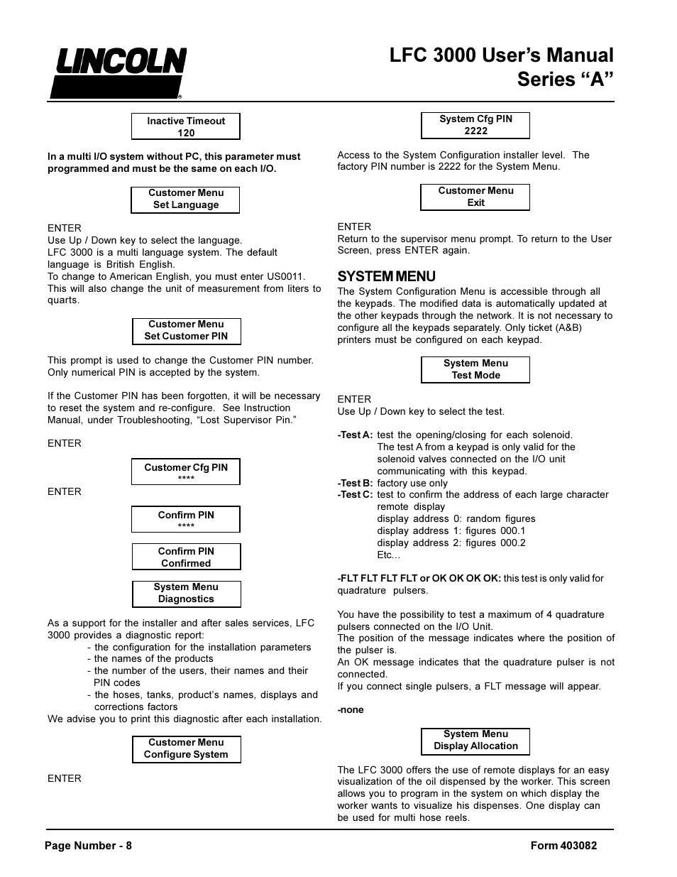 Lfc 3000 users manual series a, System menu | Lincoln LFC 3000 User Manual | Page 8 / 12