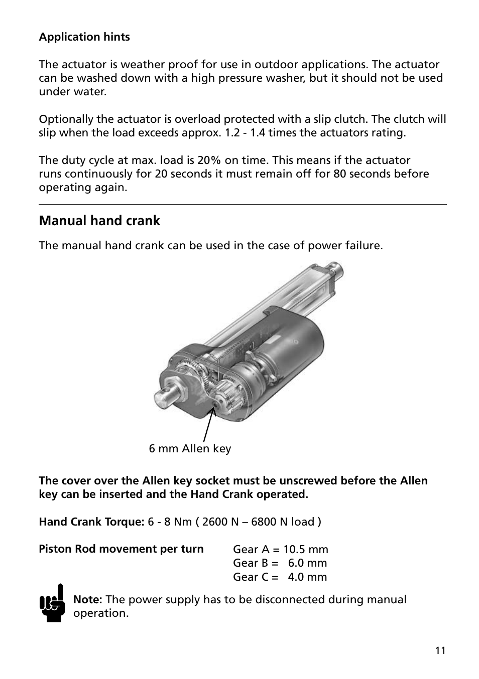 Manual hand crank | Linak TECHLINE LA36 User Manual | Page 11 / 20