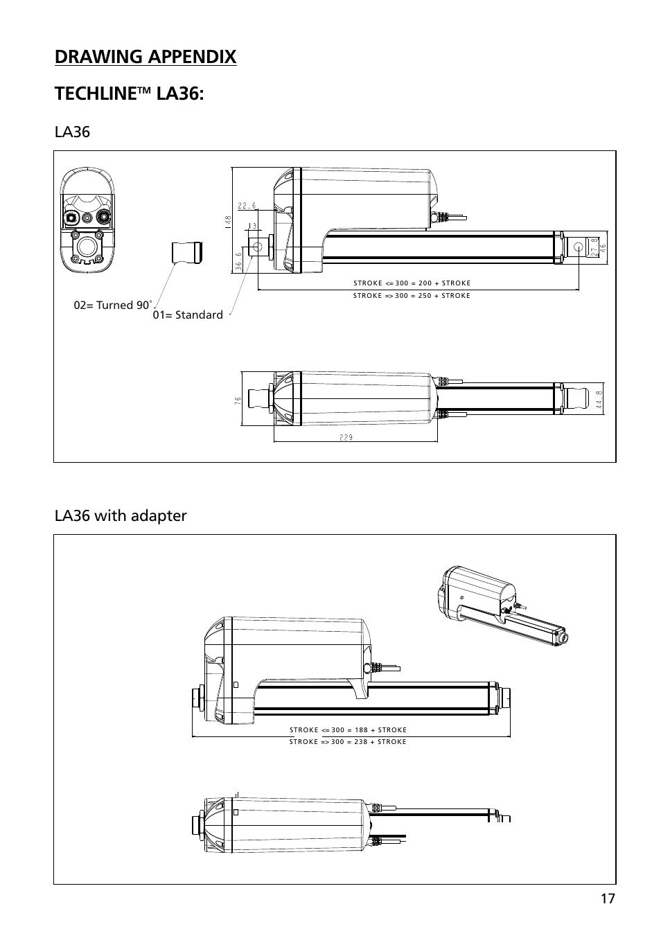Techline, La36: drawing appendix, La36 | La36 with adapter | Linak TECHLINE LA36 User Manual | Page 17 / 20