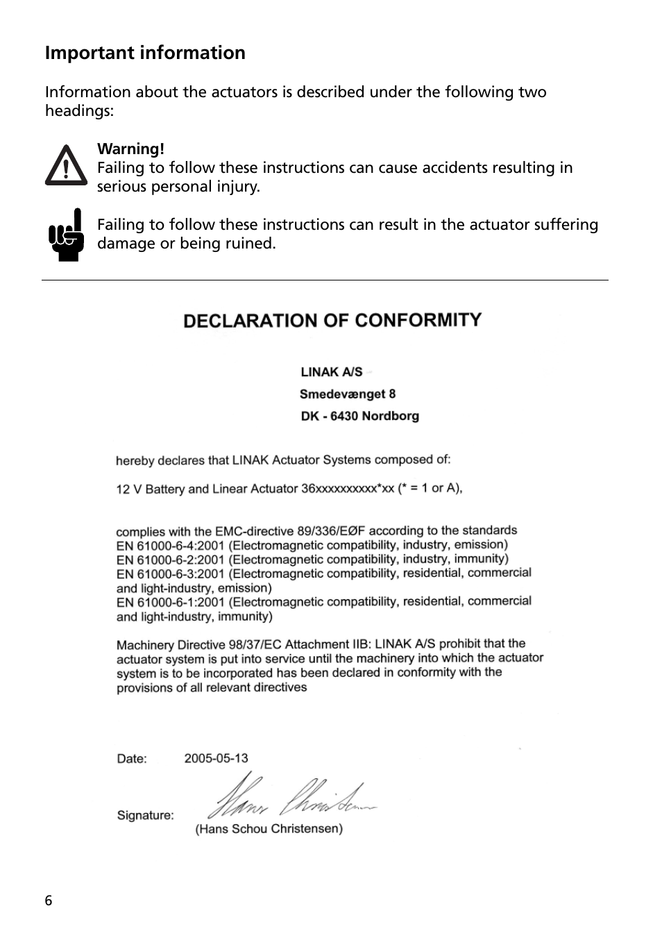 Important information | Linak TECHLINE LA36 User Manual | Page 6 / 20