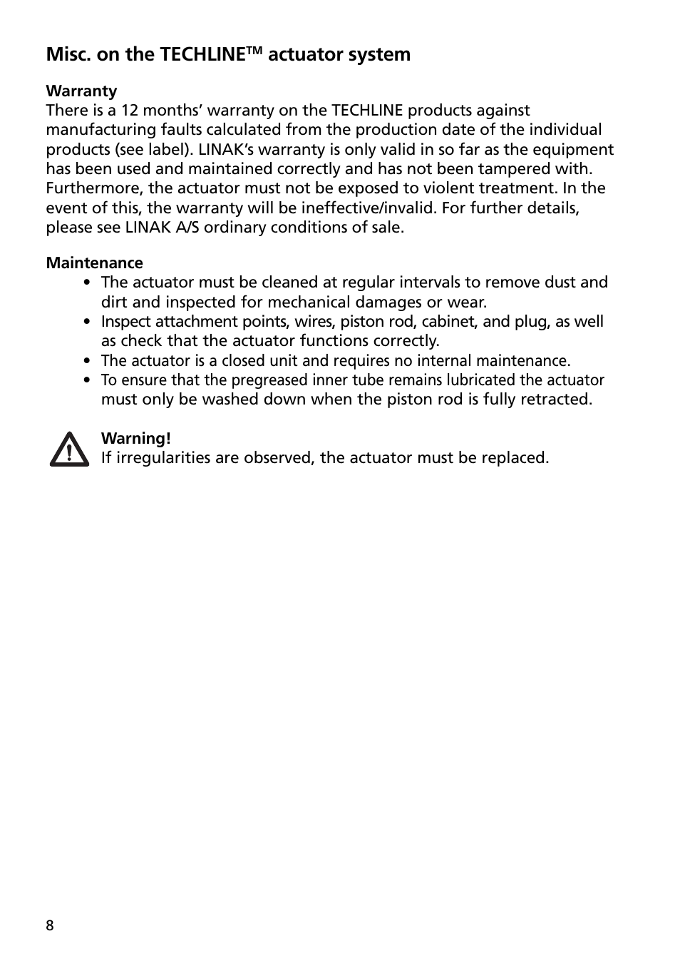 Misc. on the techline, Actuator system | Linak TECHLINE LA36 User Manual | Page 8 / 20
