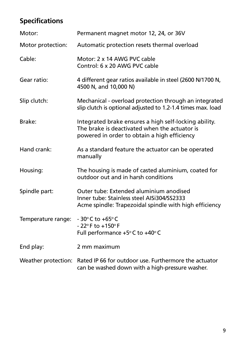 Specifications | Linak TECHLINE LA36 User Manual | Page 9 / 20