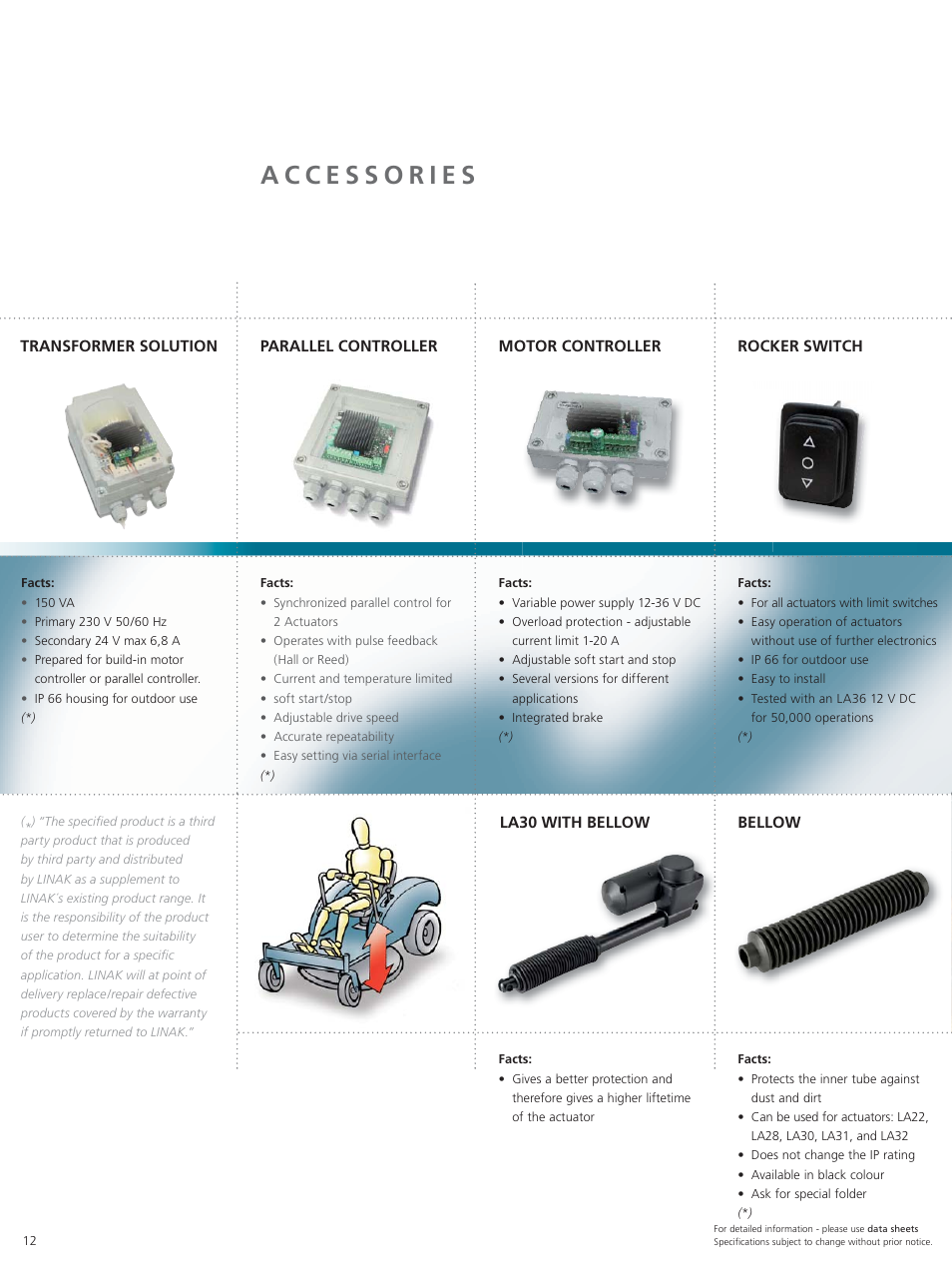 Rocker switch, Motor controller, Bellow | La30 with bellow, Parallel controller, Transformer solution | Linak Techline Linear Actuator Technology User Manual | Page 12 / 16