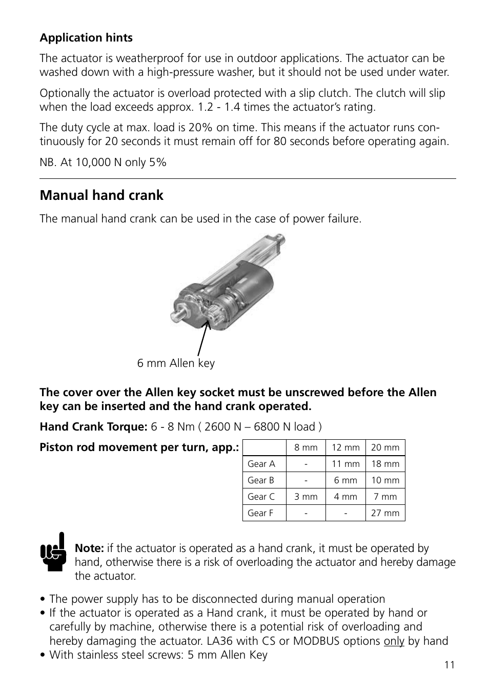 Manual hand crank | Linak LA36 User Manual | Page 11 / 20