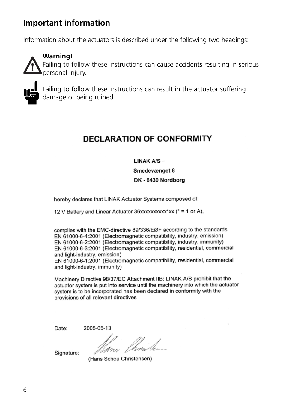 Important information | Linak LA36 User Manual | Page 6 / 20