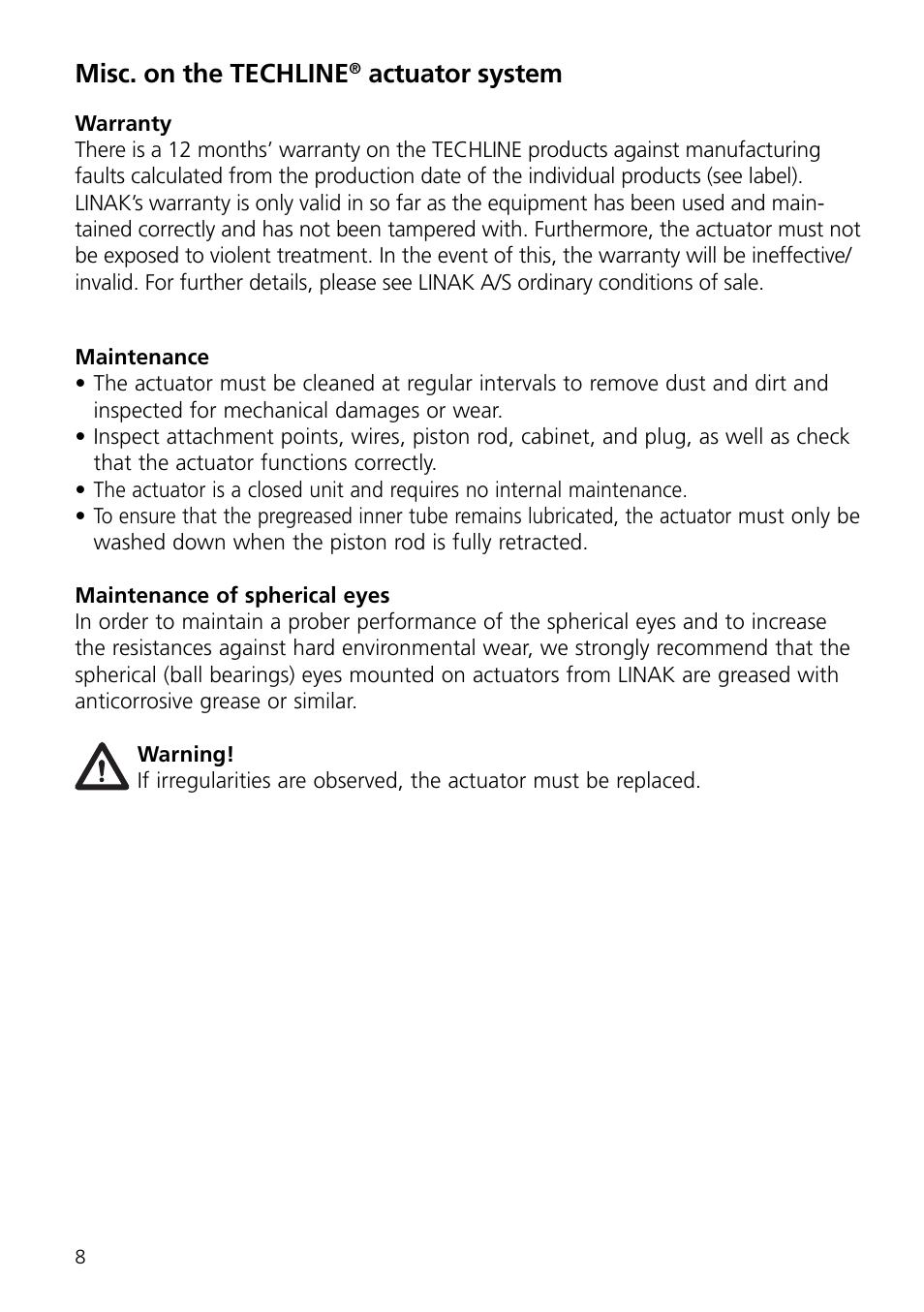 Misc. on the techline, Actuator system | Linak LA36 User Manual | Page 8 / 20