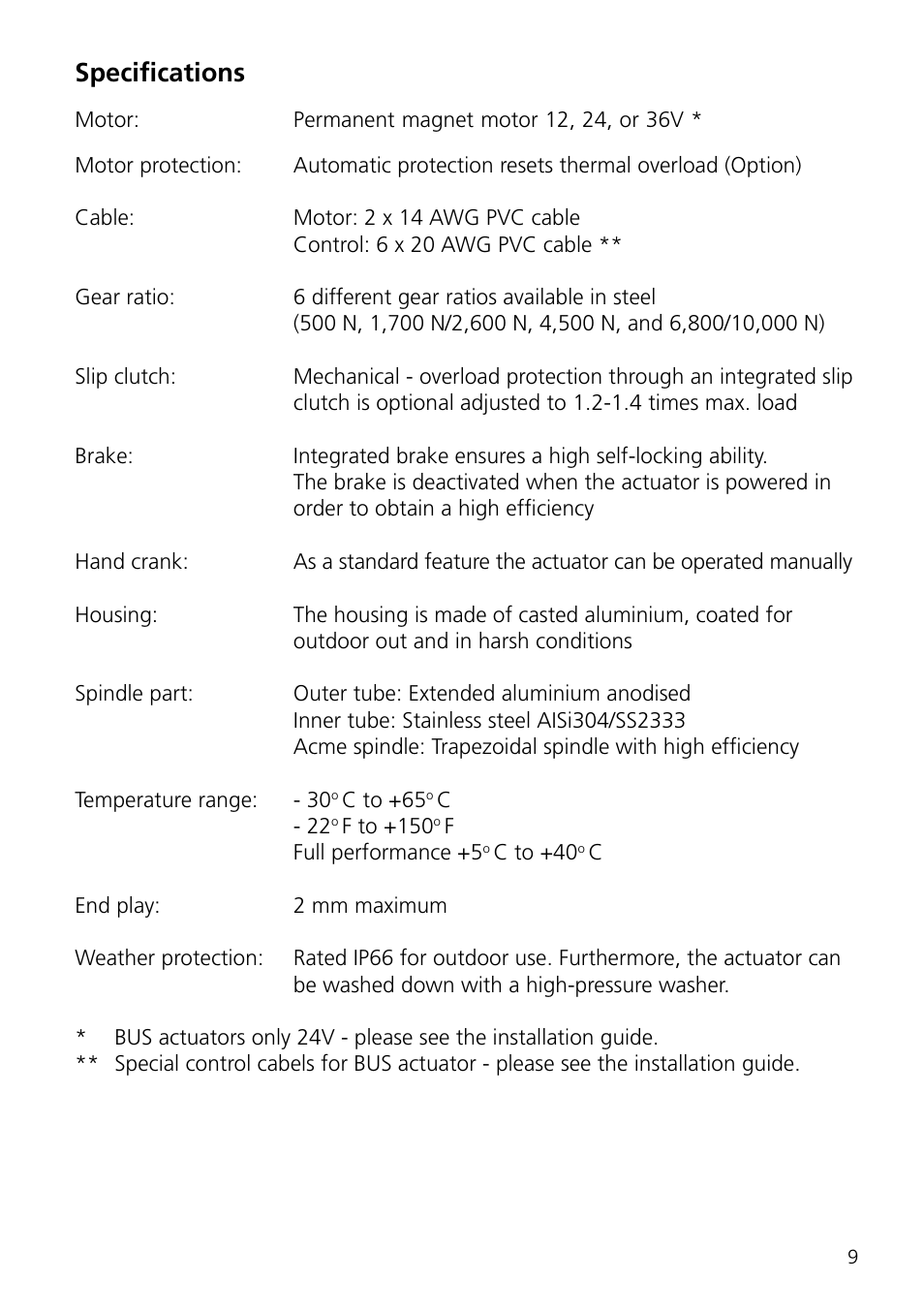 Specifications | Linak LA36 User Manual | Page 9 / 20