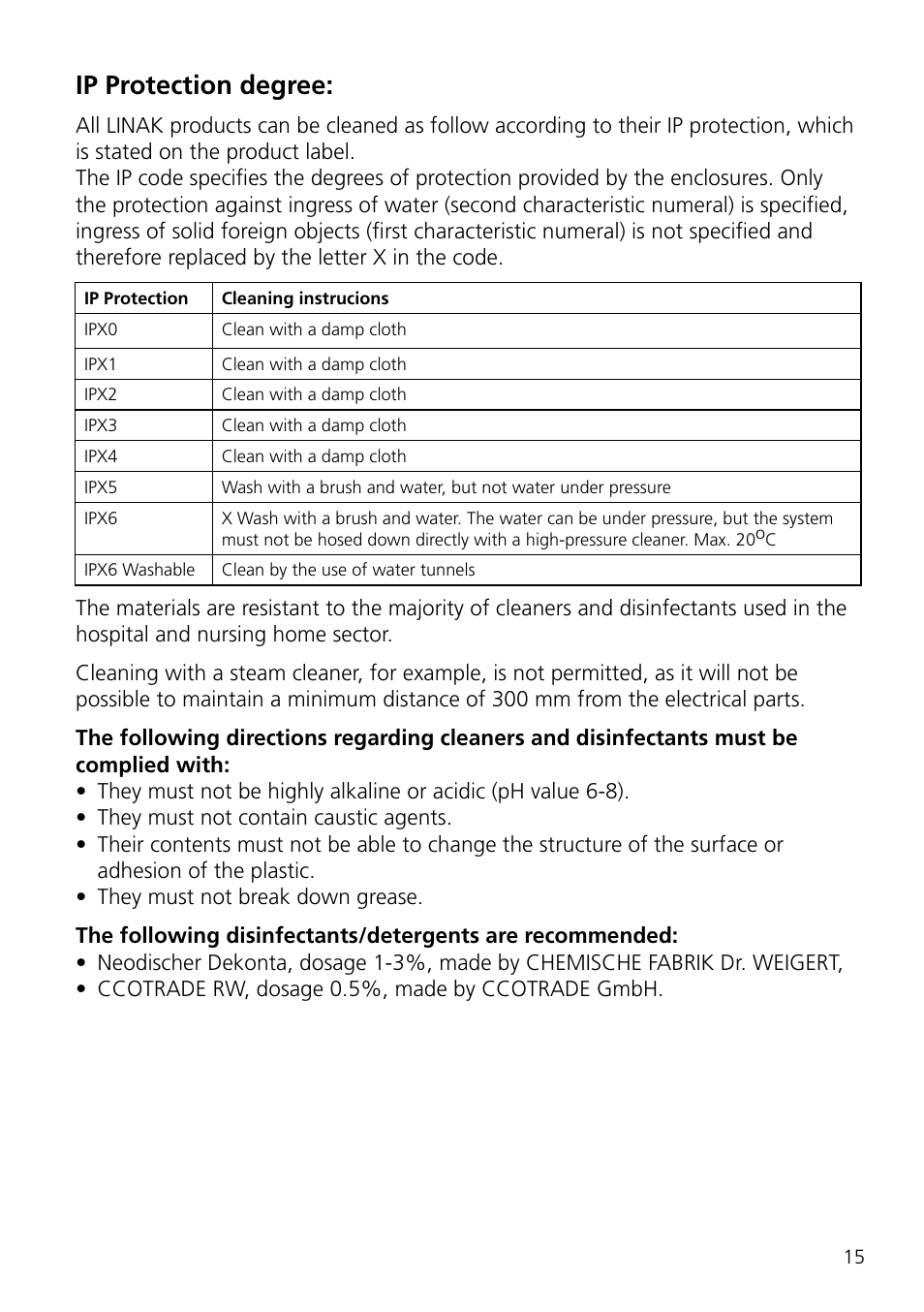 Ip protection degree | Linak MEDLINE MJB User Manual | Page 15 / 24