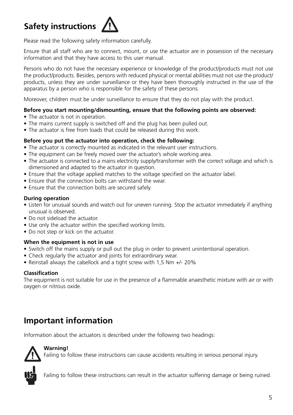 Safety instructions, Important information | Linak TECHLINE LA35 User Manual | Page 5 / 20