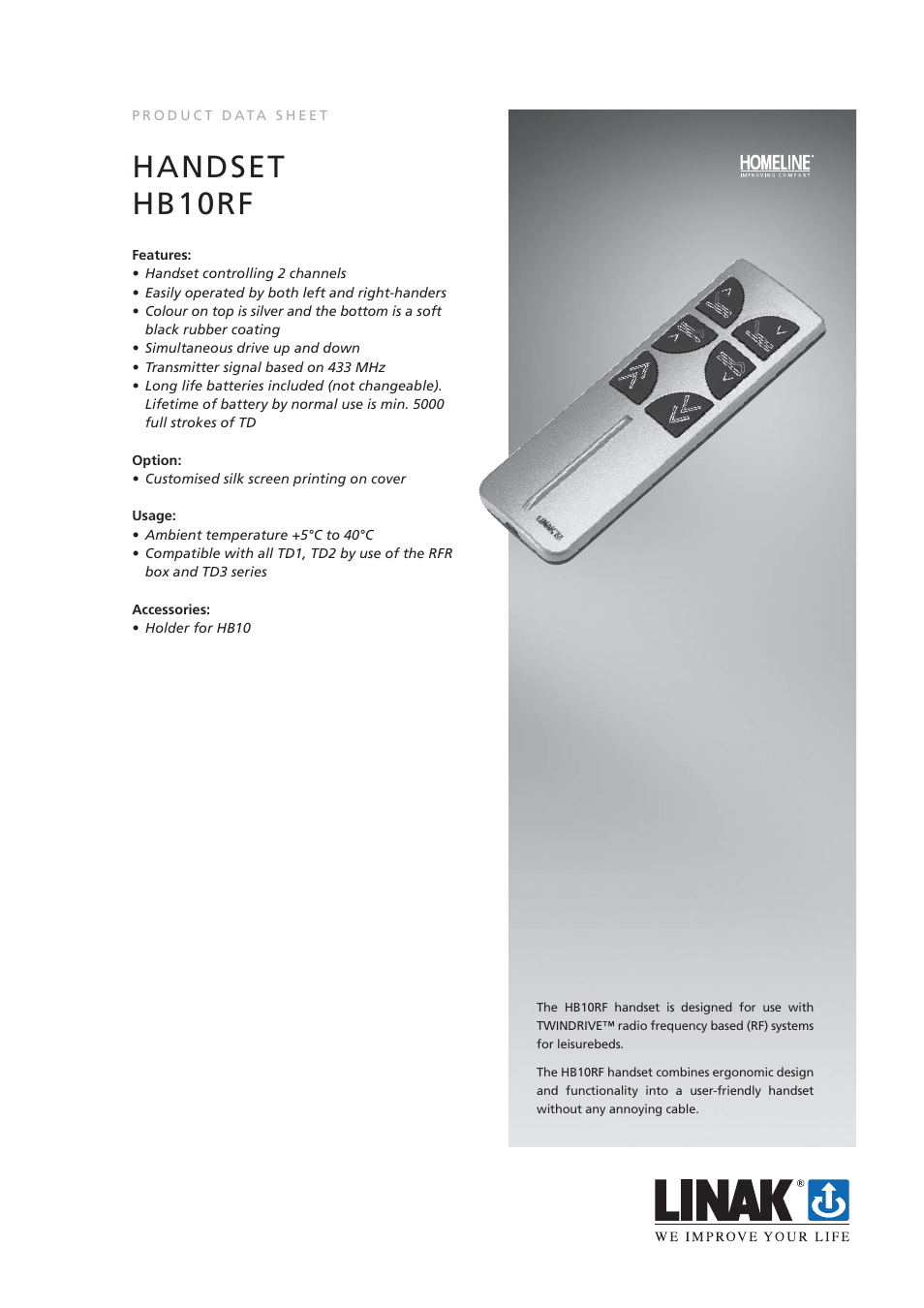 Linak Homeline HB10RF User Manual | 2 pages