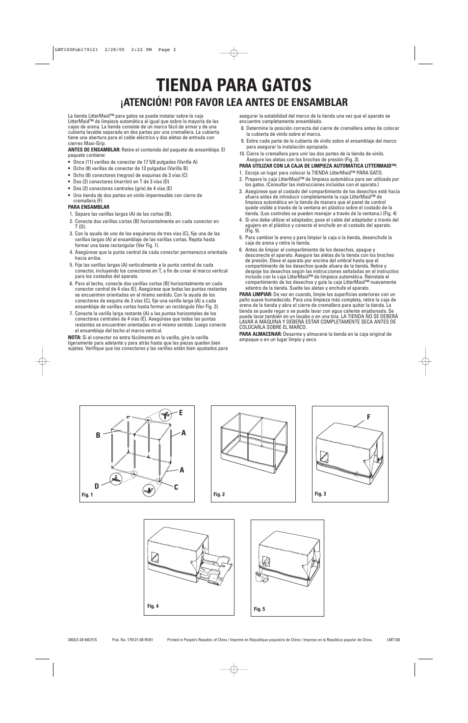 Tienda para gatos, Atención! por favor lea antes de ensamblar | LitterMaid LMT100 User Manual | Page 2 / 2