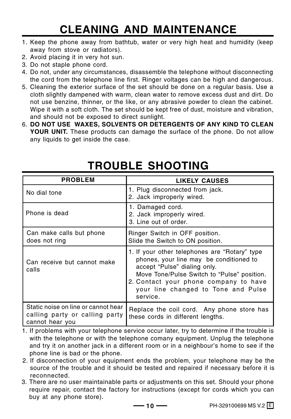 Cleaning and maintenance, Trouble shooting | Lenoxx Electronics PH-329 User Manual | Page 11 / 12