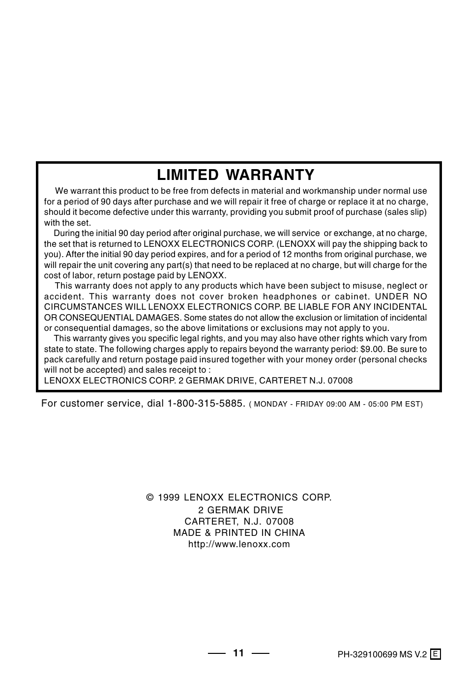 Limited warranty | Lenoxx Electronics PH-329 User Manual | Page 12 / 12