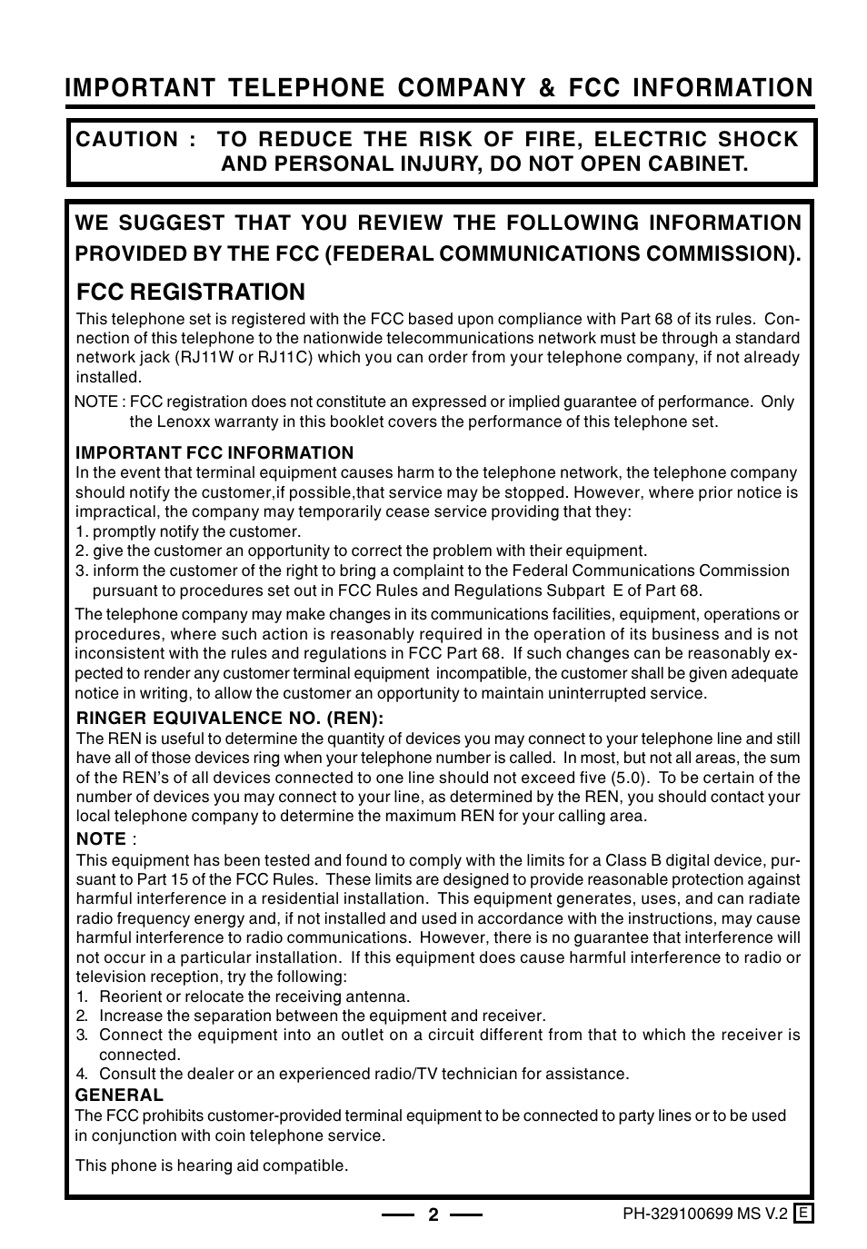 Important telephone company & fcc information, Fcc registration | Lenoxx Electronics PH-329 User Manual | Page 3 / 12