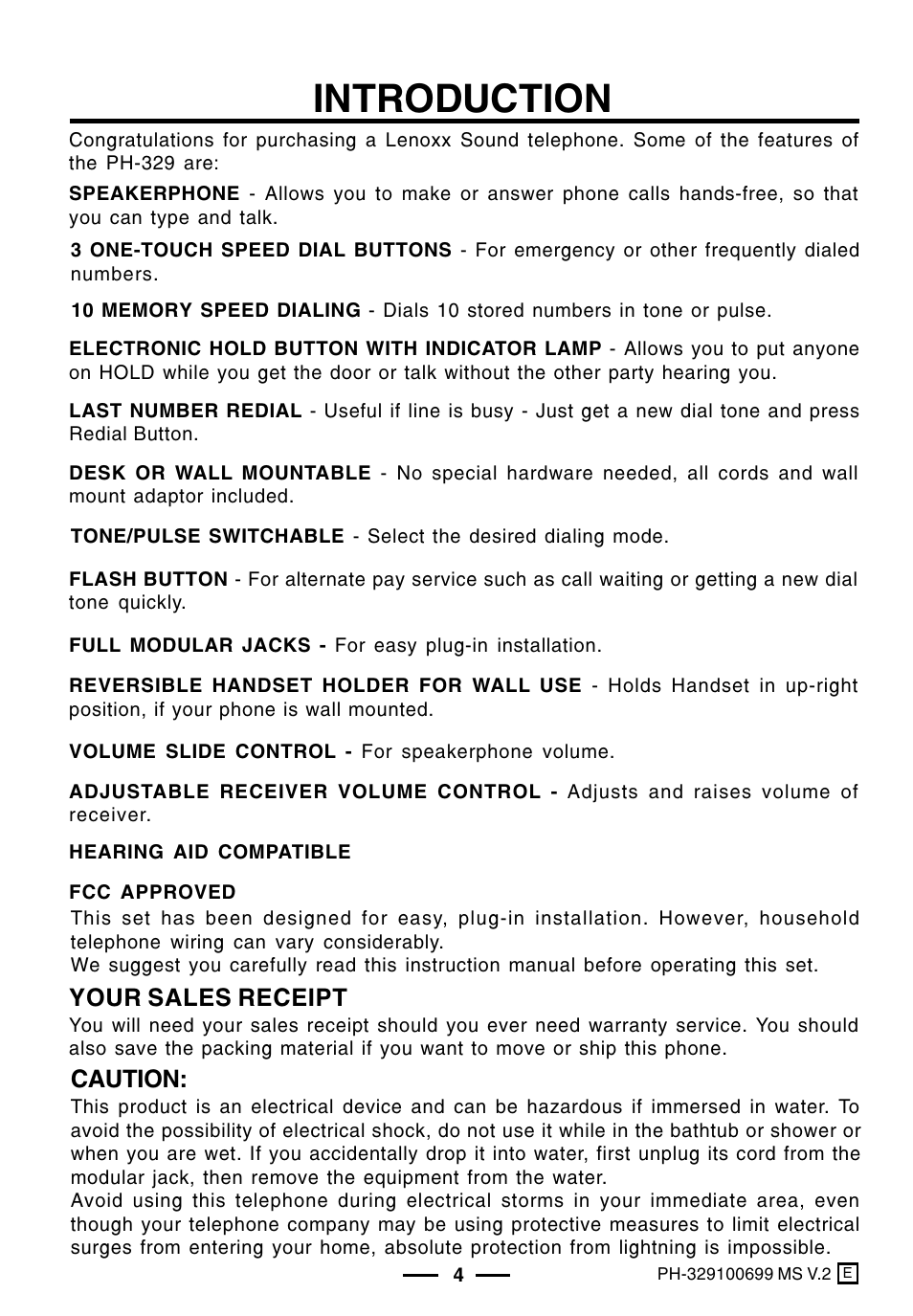 Introduction, Your sales receipt, Caution | Lenoxx Electronics PH-329 User Manual | Page 5 / 12