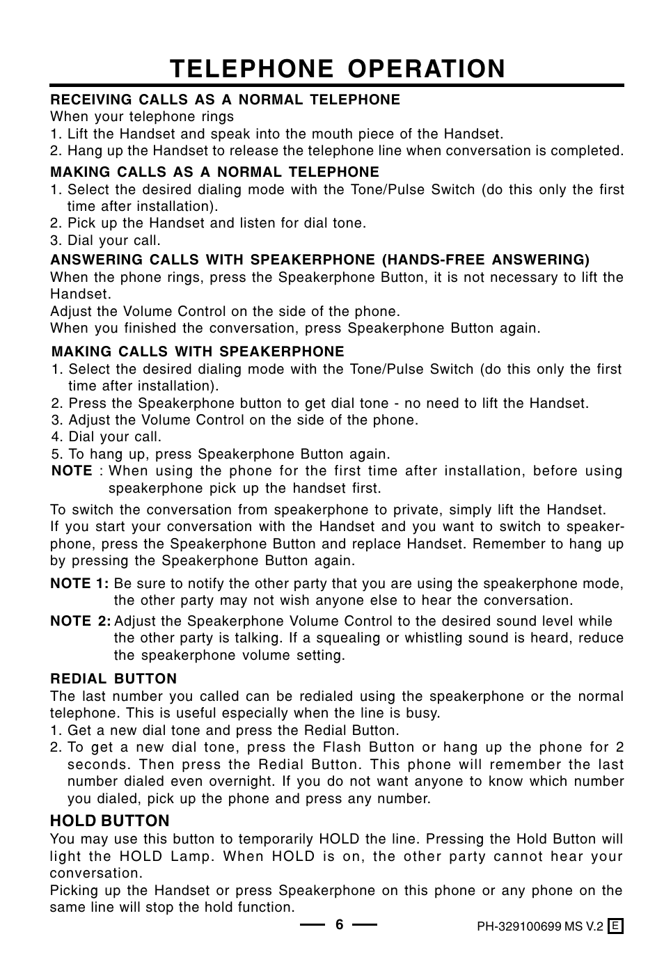 Telephone operation | Lenoxx Electronics PH-329 User Manual | Page 7 / 12