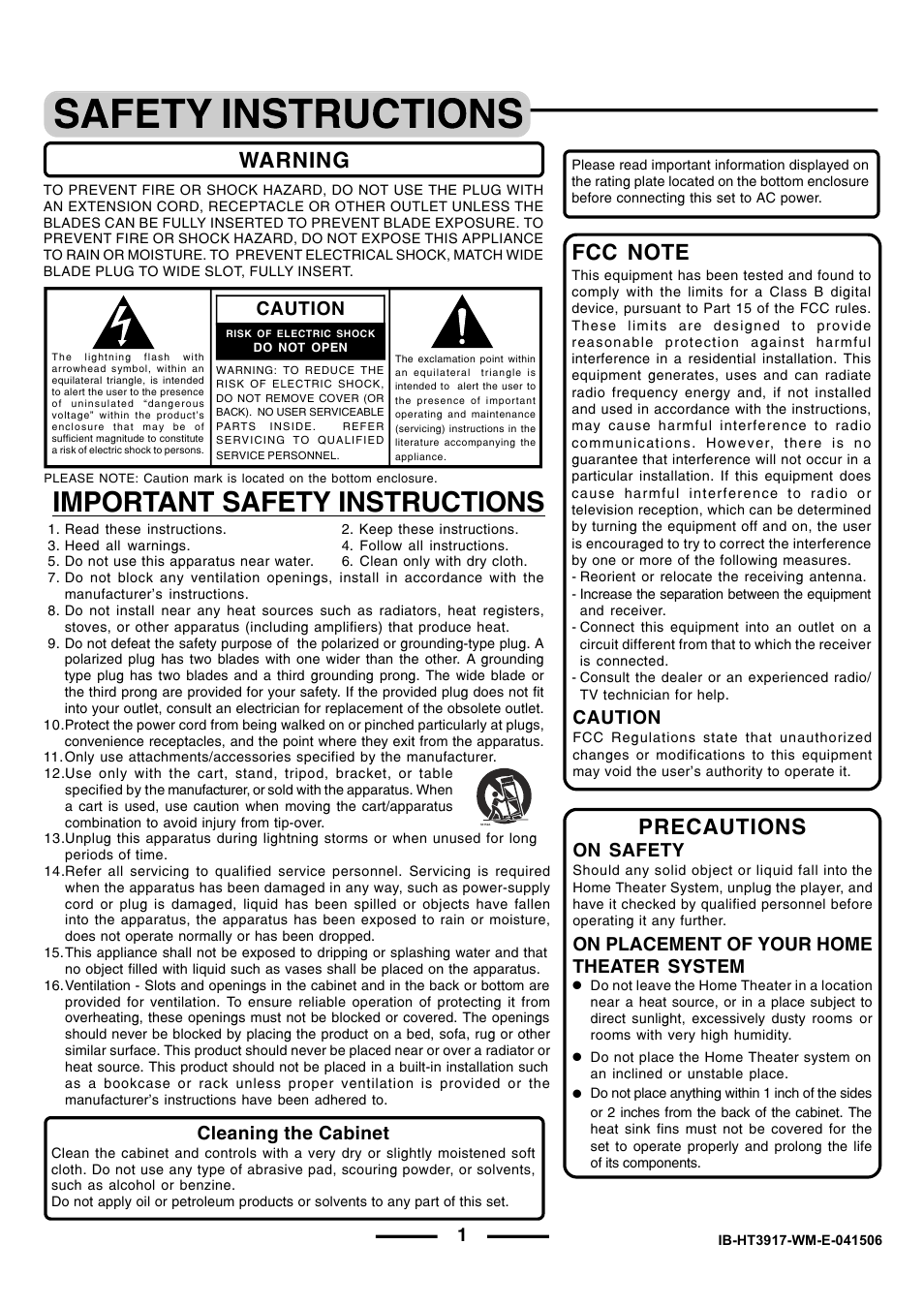 Important safety instructions, Warning, Precautions | Caution, On safety, On placement of your home theater system, Cleaning the cabinet | Lenoxx Electronics HT3917 User Manual | Page 2 / 15