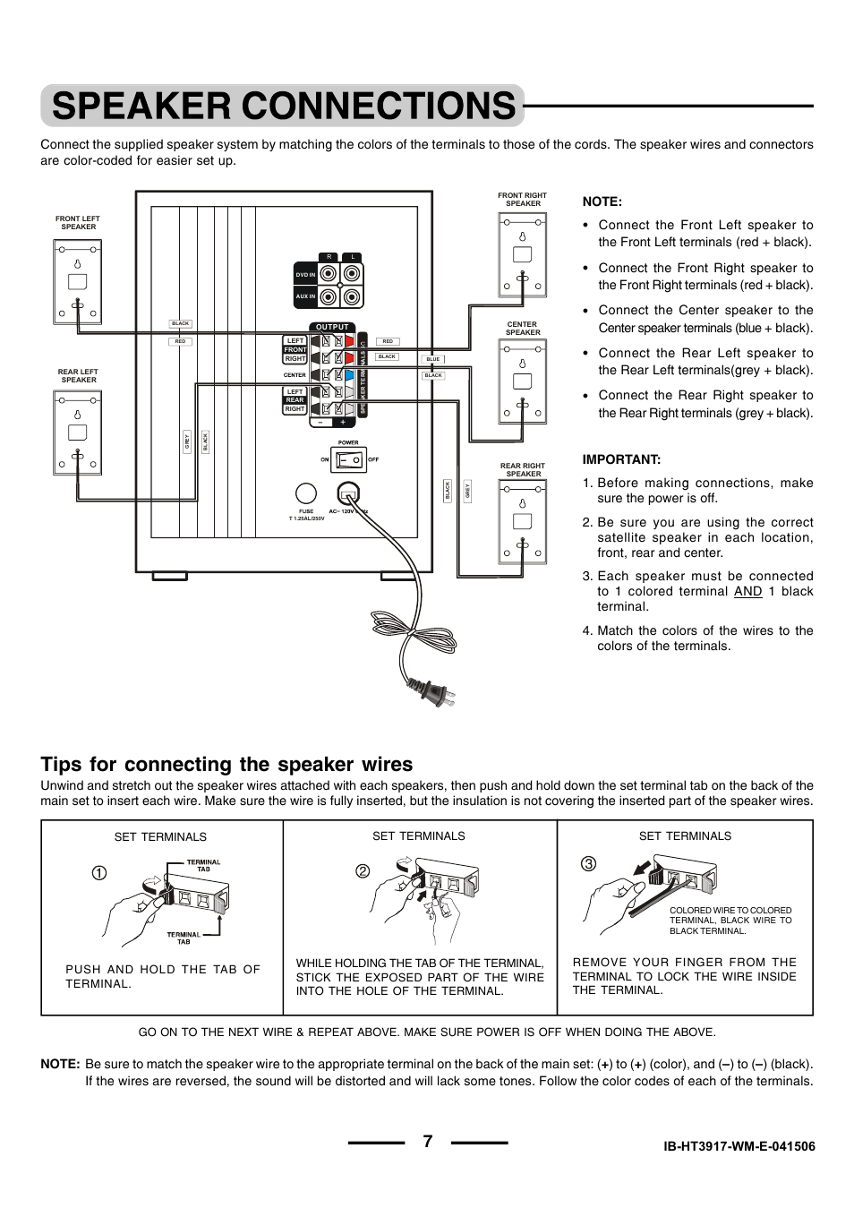 Tips for connecting the speaker wires | Lenoxx Electronics HT3917 User Manual | Page 8 / 15