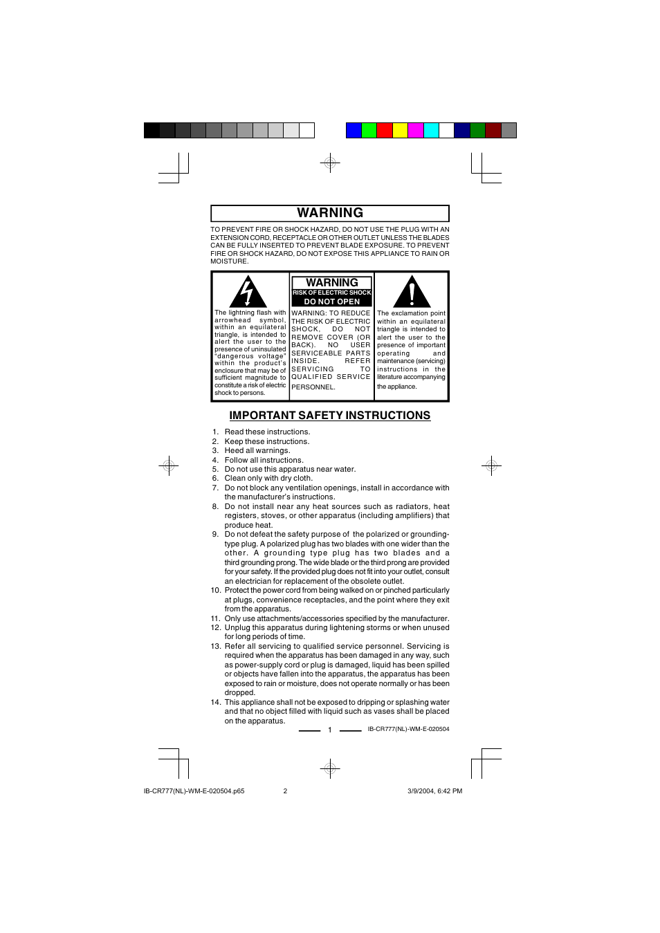Warning, Important safety instructions warning | Lenoxx Electronics CR-777 User Manual | Page 2 / 8