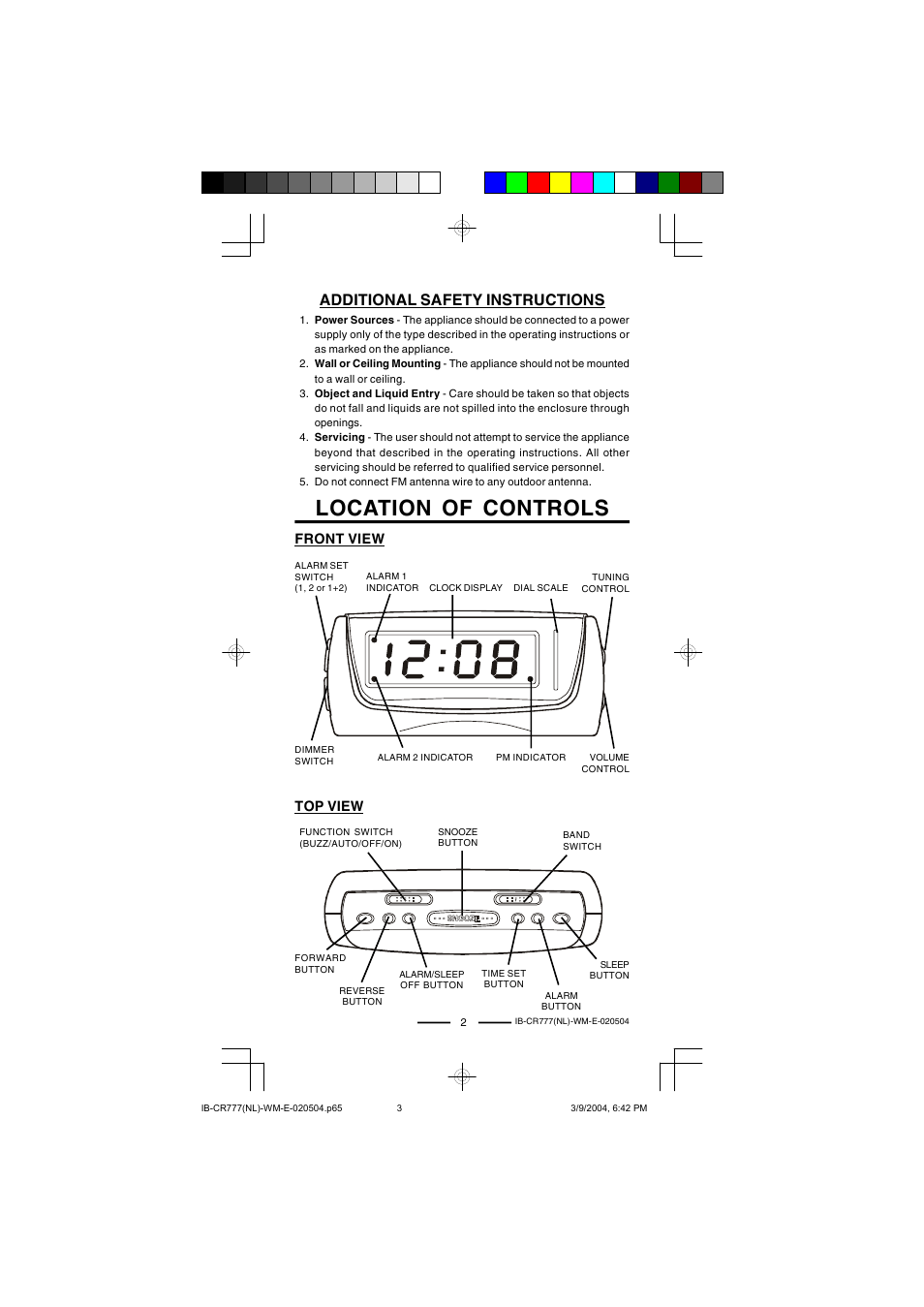 Location of controls, Additional safety instructions, Top view front view | Lenoxx Electronics CR-777 User Manual | Page 3 / 8