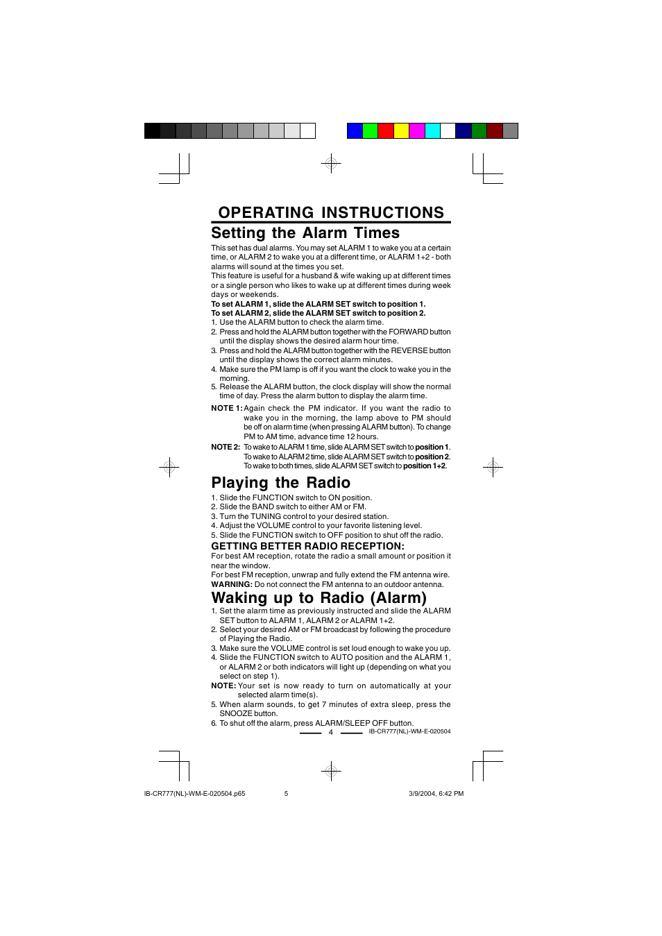 Playing the radio, Waking up to radio (alarm), Operating instructions setting the alarm times | Lenoxx Electronics CR-777 User Manual | Page 5 / 8