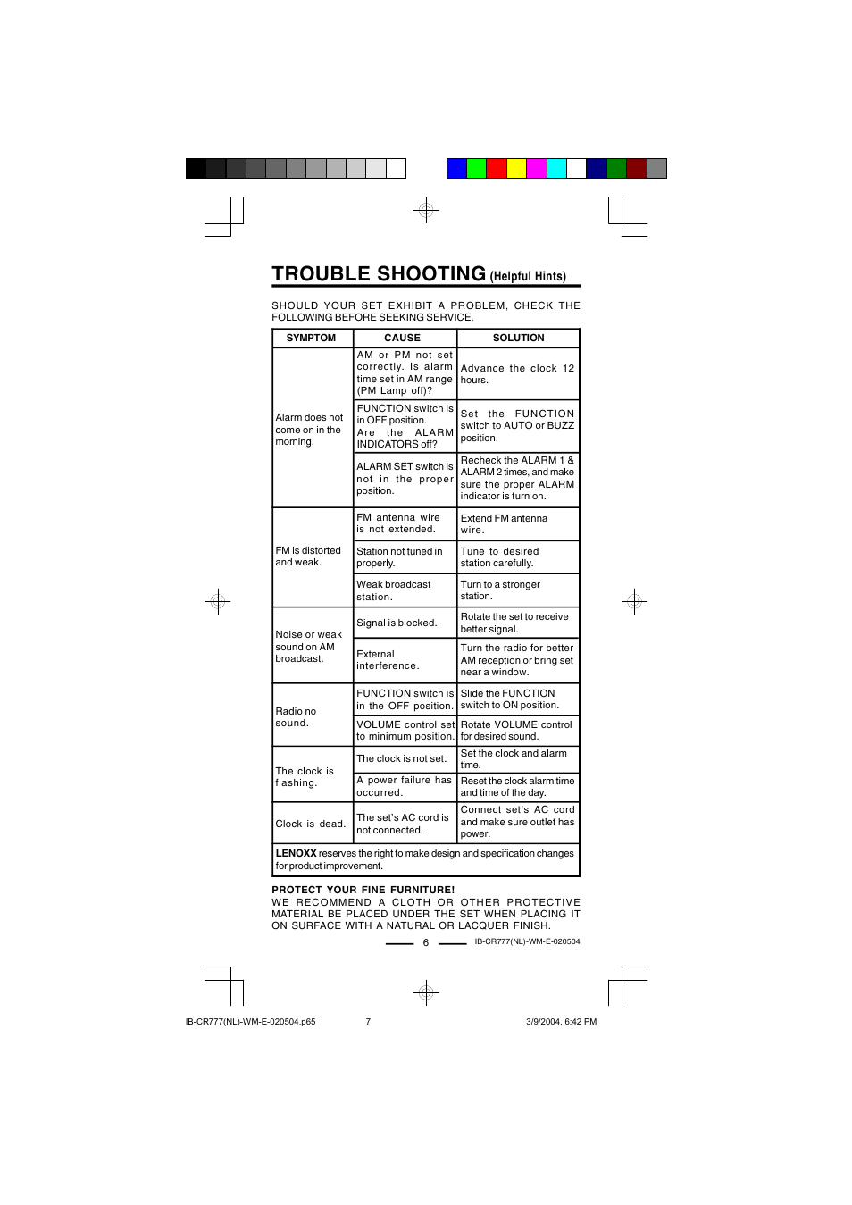 Trouble shooting | Lenoxx Electronics CR-777 User Manual | Page 7 / 8