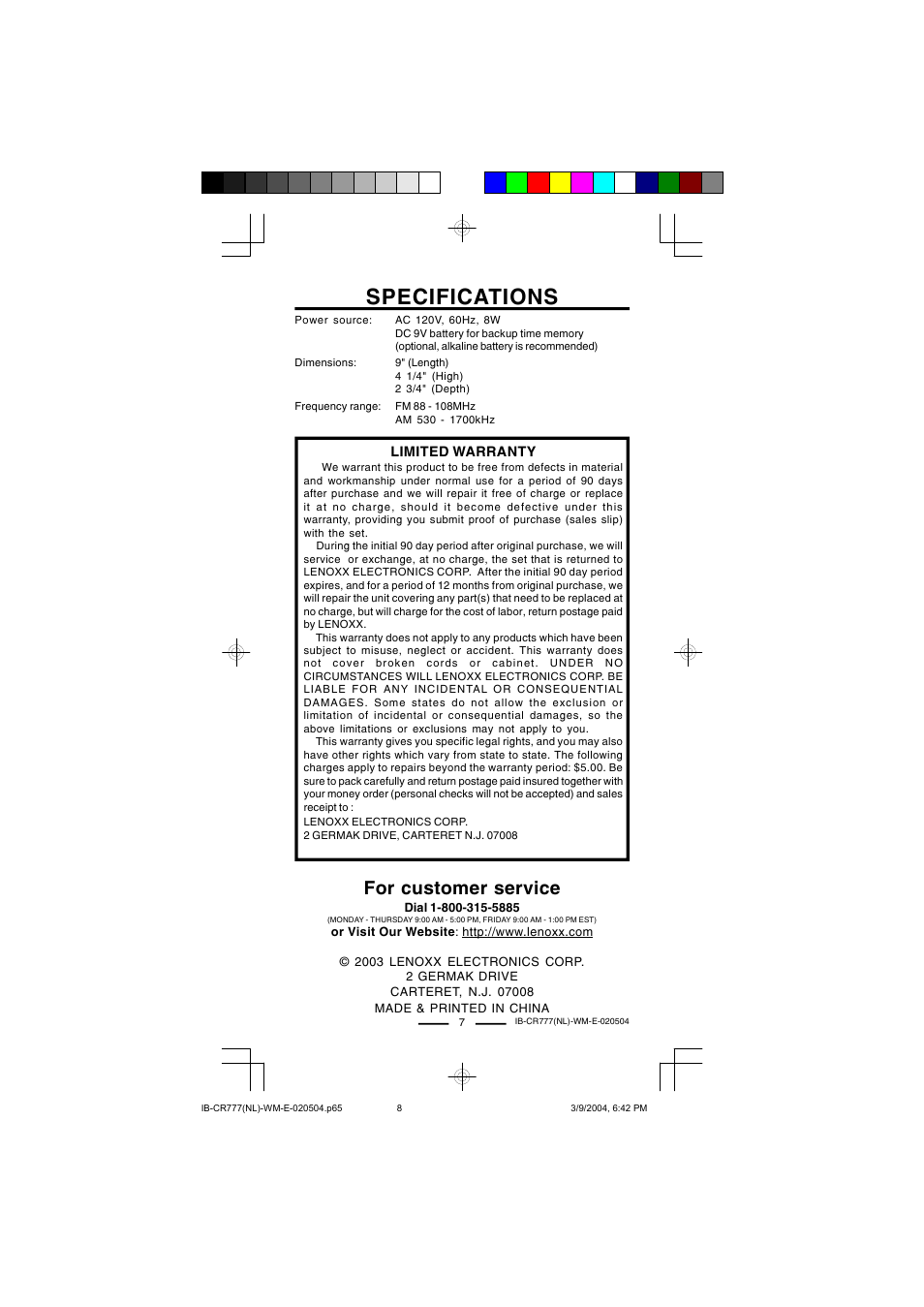 Specifications, For customer service | Lenoxx Electronics CR-777 User Manual | Page 8 / 8