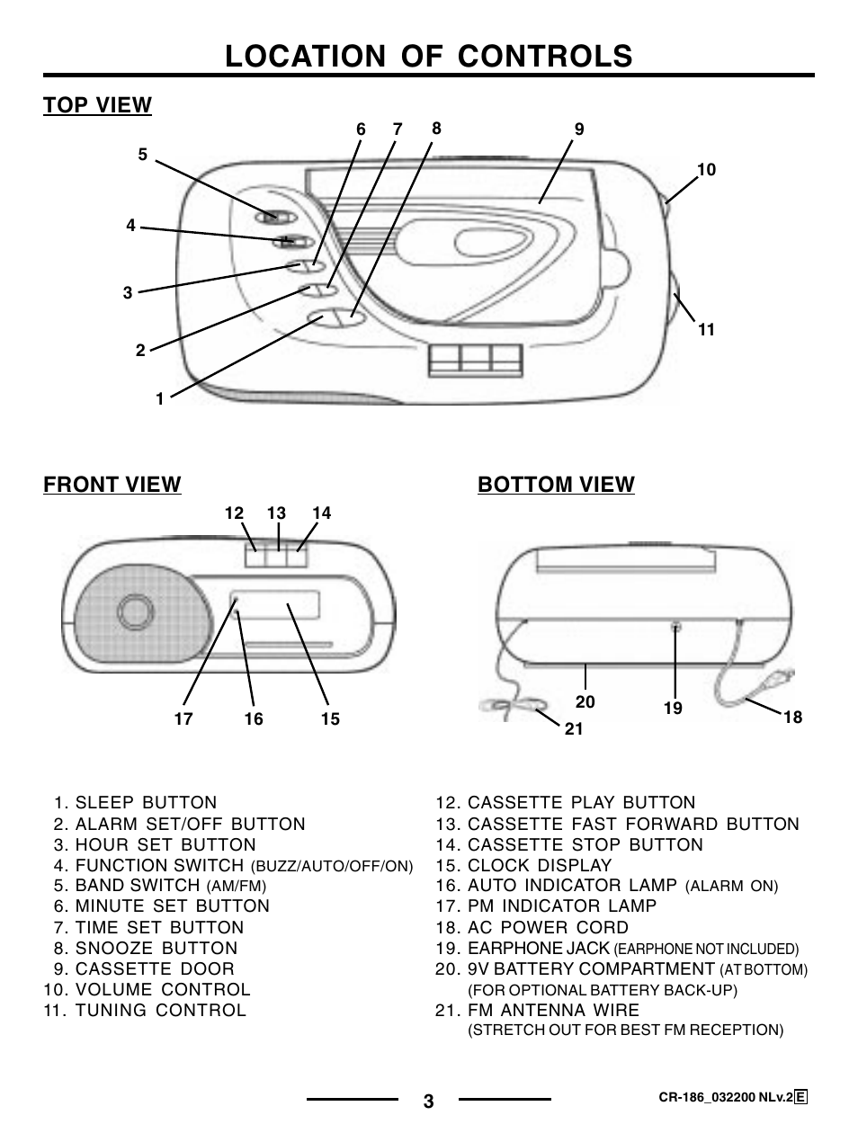 Location of controls, Top view bottom view front view | Lenoxx Electronics CR-186 User Manual | Page 4 / 10