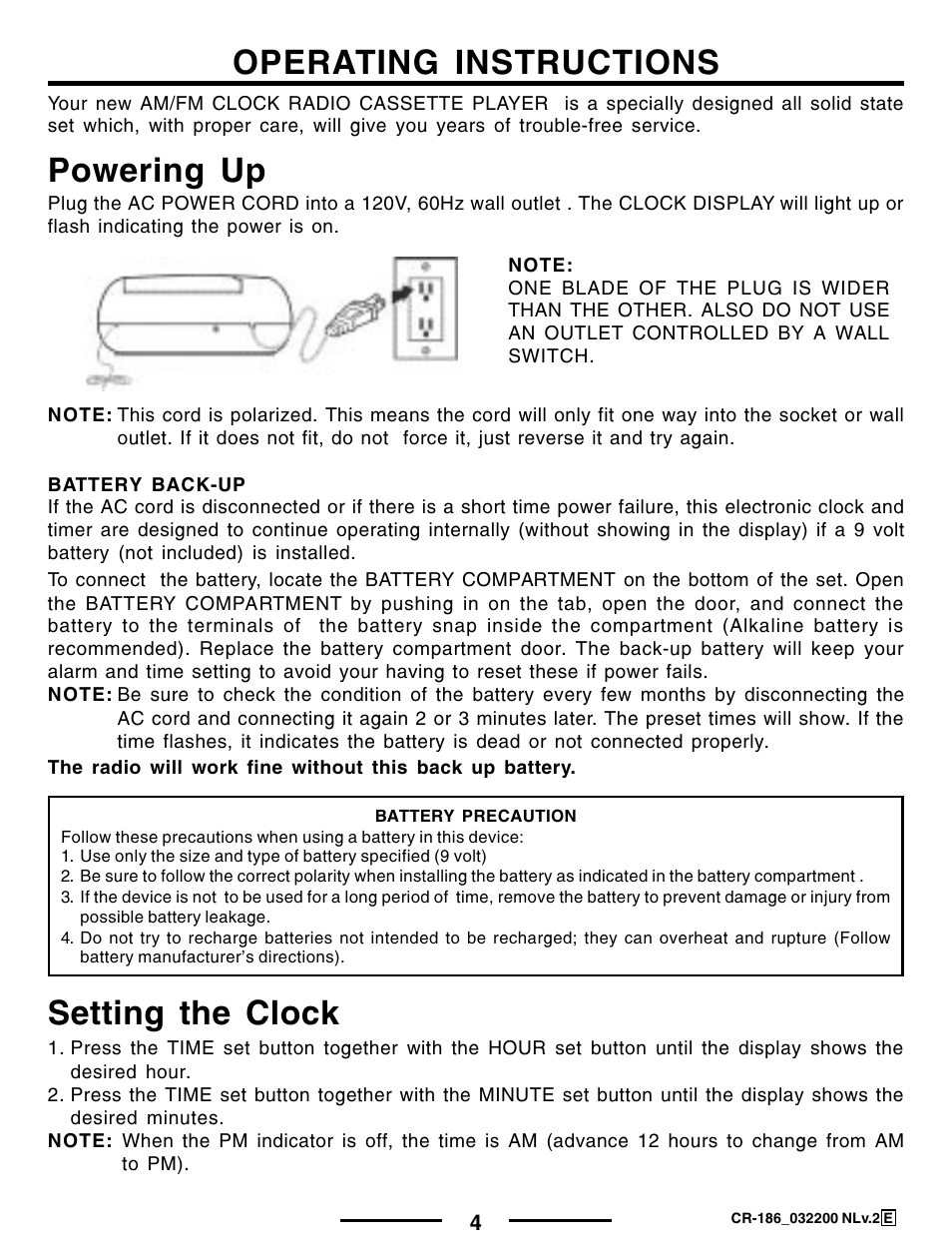 Operating instructions, Setting the clock, Powering up | Lenoxx Electronics CR-186 User Manual | Page 5 / 10