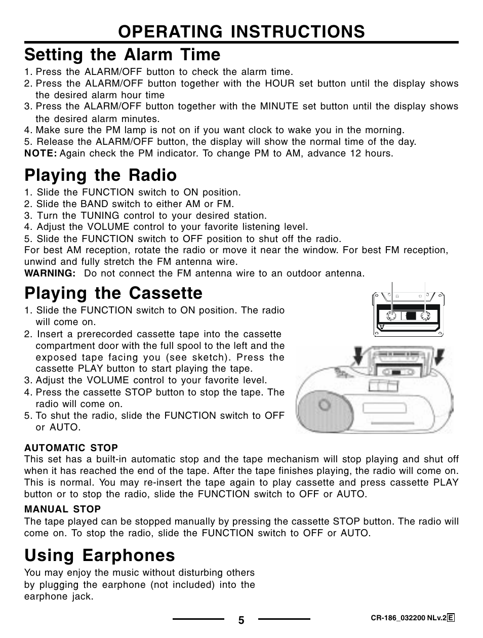 Operating instructions playing the radio, Playing the cassette, Setting the alarm time | Using earphones | Lenoxx Electronics CR-186 User Manual | Page 6 / 10